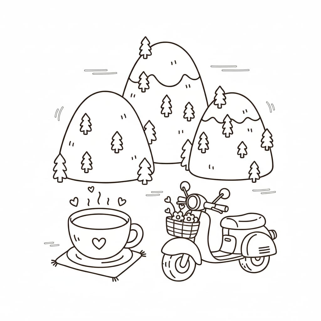 Kawaii doodle of Da Lat's pine mountains, a steaming coffee cup, and a vintage scooter, minimalist Khem style.
