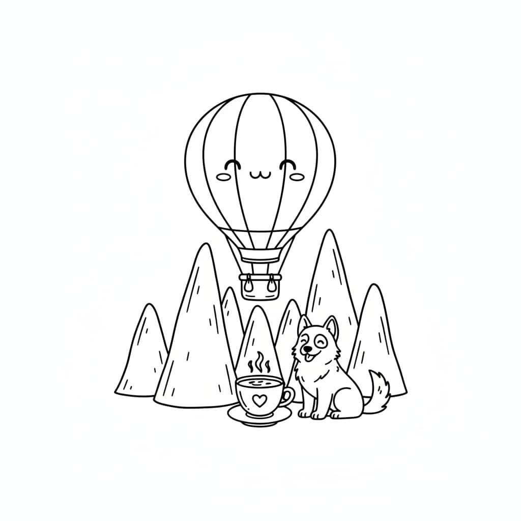 A minimalist kawaii doodle of Goreme, Cappadocia. Black and white line art on a clean white background. Features a cute smiling hot air balloon, a fairy chimney rock formation, a small Turkish coffee cup with steam, and a cute Anatolian shepherd dog. No text, no borders, no shading, high contrast, manga style, tailored for a retro terminal website.