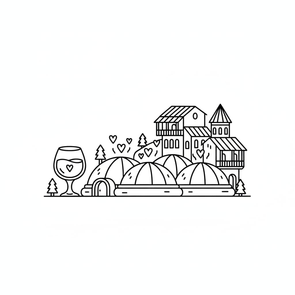 Kawaii doodle of Tbilisi Old Town, a glass of Georgian wine, and a sulfur bath dome, minimalist Khem style.